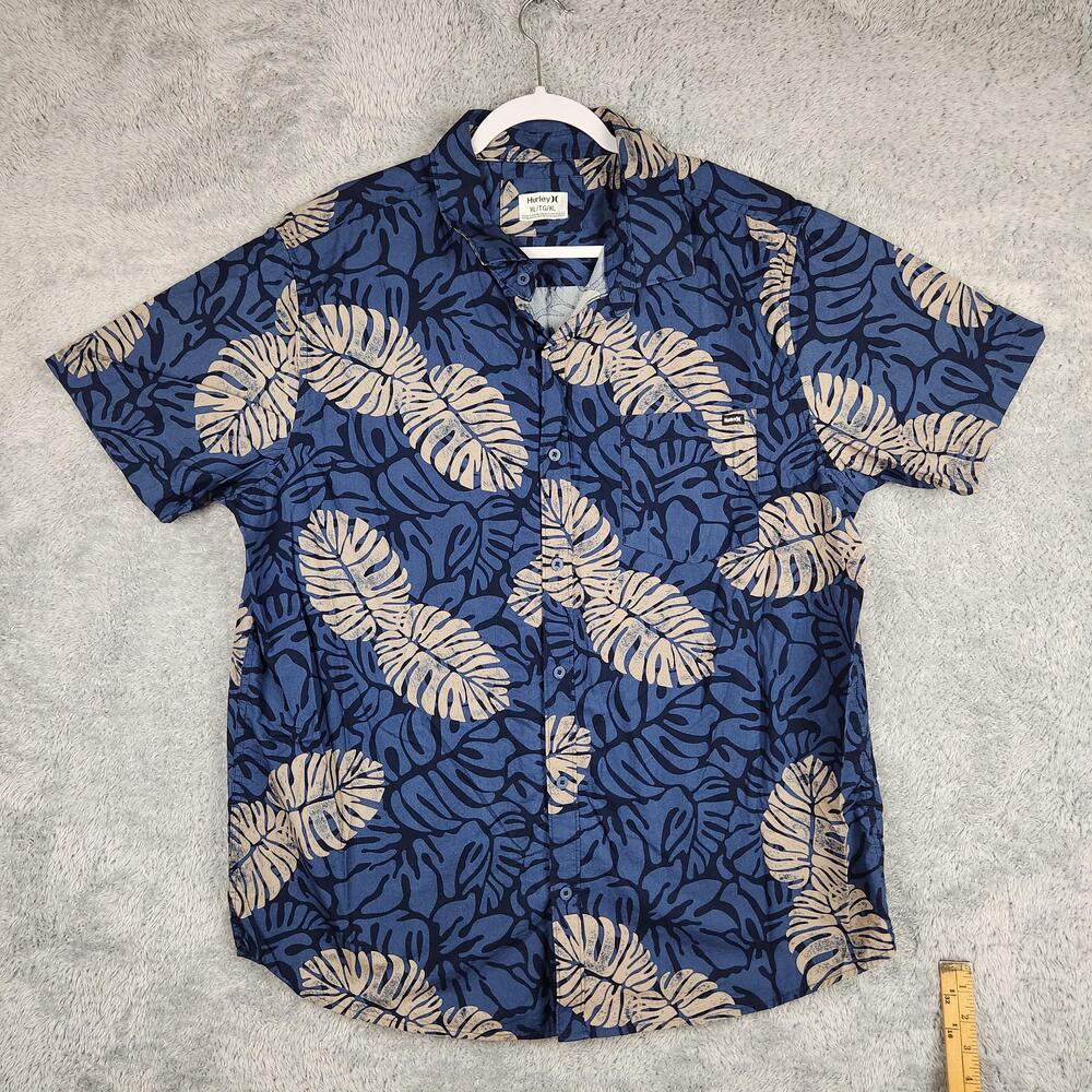 Hurley Shirt Mens XL Blue Tropical Leaf Hawaiian Button Up Beach Surf Y2k Pocket